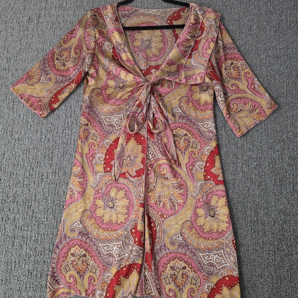 Vintage Pink Paisley Tie Front‎ Duster Robe Hippie Festival Fairy Size XS